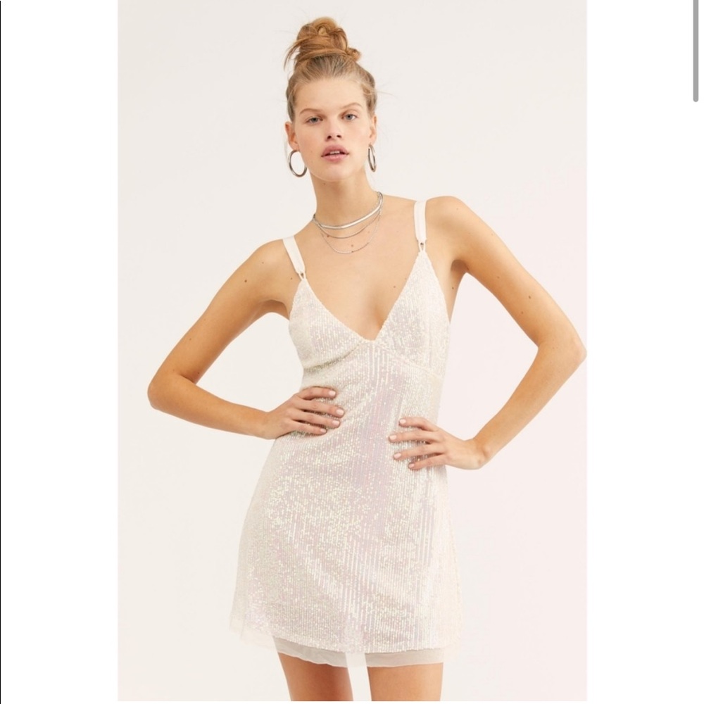 ๐HP๐ FP Free People INTIMATELY Gold Rush Mini Dress in Icicle Pearl Combo Y2K - Picture 3 of 9